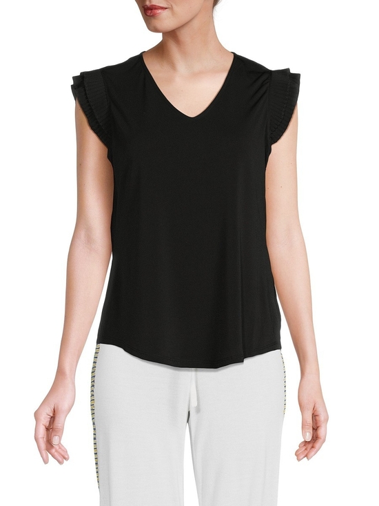 Adrianna Papell Tops - Adrianna Papell Pleated Flutter Sleeve Top Black V-Neck Stretch Womens Small